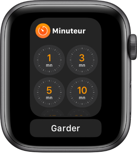 Écran de l’app Minuteur dans le Dock, le bouton Garder en dessous.