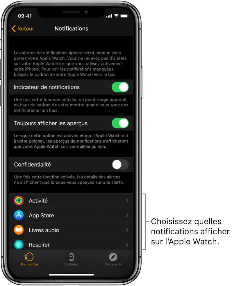 L’écran Notifications de l’app Apple Watch sur l’iPhone montrant des sources de notifications.