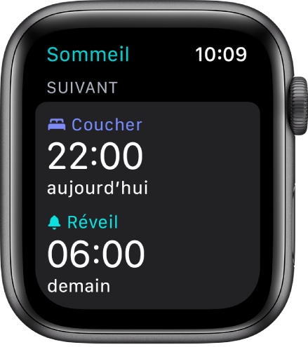 App Sommeil sur l’Apple Watch montrant le programme de sommeil de la soirée. Le coucher est défini sur 22 h et le réveil est réglé à 6 h.