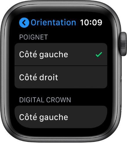 L’écran Orientation sur l’Apple Watch. Vous pouvez définir vos préférences pour le poignet et la Digital Crown.