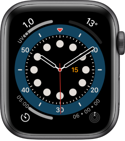 Le cadran Chronométrie. Il affiche quatre complications : Indice UV en haut à gauche, Température en haut à droite, Minuteur en bas à gauche, et Activité en bas à droite.