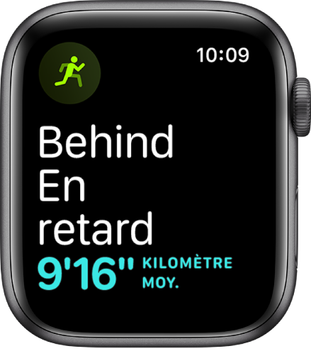 Un écran Exercice qui vous indique que vous courez à un rythme inférieur à celui à atteindre.