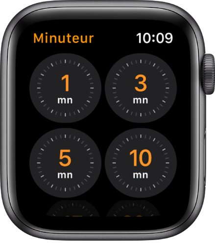 Écran de l’app Minuteur, montrant des durées de 1, 3, 5, ou 10 minutes.