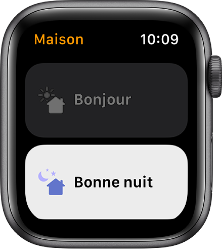 App Maison sur l’Apple Watch affichant deux scènes : Bonjour et Bonne nuit. « Bonne nuit » est mis en surbrillance.