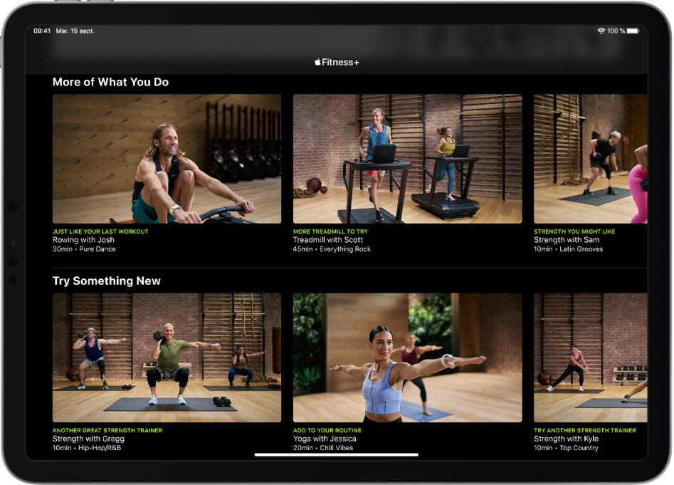 iPad affichant des exercices Fitness+ dans les catégories « Exercices similaires à ceux que vous faites » et « Essayer quelque chose de nouveau ».
