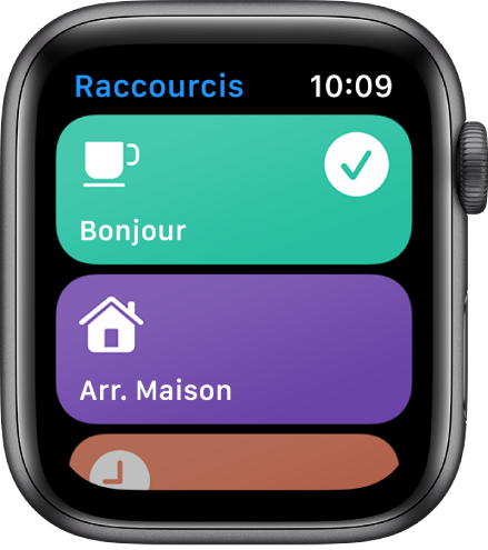 L’app Raccourcis sur l’Apple Watch montrant deux raccourcis (Bonjour et Heure prévue d’arrivée à domicile).