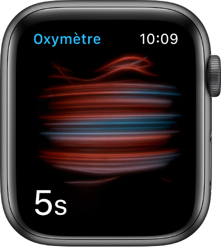 L’écran « Oxygène sanguin » prenant une mesure avec un compte à rebours partant de 5.