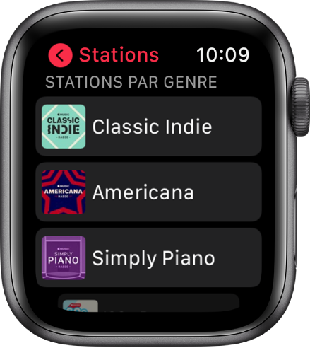 L’écran Radio affichant trois stations de radio Apple Music par genre.