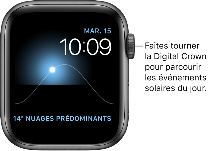 Cadran Solaire, qui montre le jour, la date et l’heure, et qui ne peut pas être modifié. Une complication Météo apparaît en bas à droite. Faites tourner la Digital Crown pour voir le crépuscule, l’aube, le soleil à son zénith ou se coucher, puis la nuit.