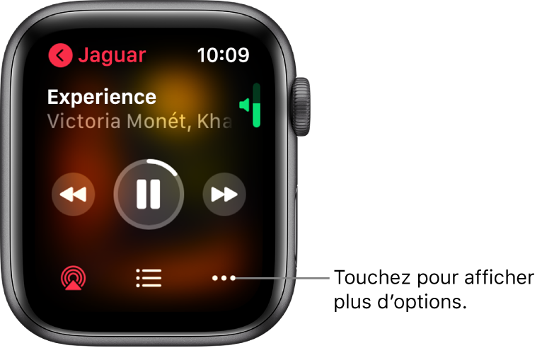 L’écran « À l’écoute » dans l’app Musique. Le nom de l’album se trouve en haut à gauche. Le titre du morceau et l’artiste se trouvent en haut et les commandes de lecture figurent au milieu. Le bouton AirPlay, le bouton Options et la liste des pistes se trouvent en bas de l’écran.