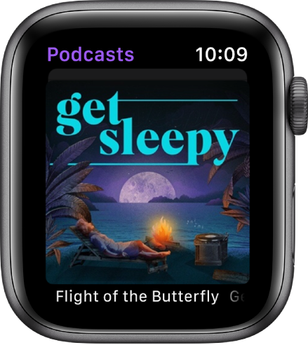 L’app Podcasts sur l’Apple Watch affiche l’illustration du podcast. Touchez l’illustration pour lire un épisode.
