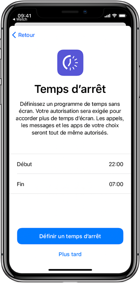 iPhone montrant l’écran de configuration de « Temps d’arrêt ». Choisissez une heure de début et de fin au milieu de l’écran. Les boutons « Définir un temps d’arrêt » et « Plus tard » se trouvent en bas de l’écran.