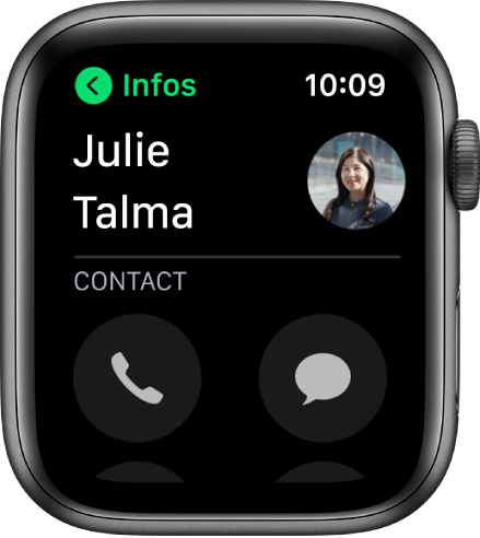 Un écran de Téléphone affichant un contact et les boutons Appel et Message.