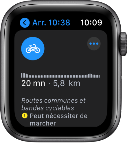 Écran Plans affichant une vue d’ensemble d’un itinéraire à vélo, y compris le dénivelé, le temps de déplacement estimé et la distance.