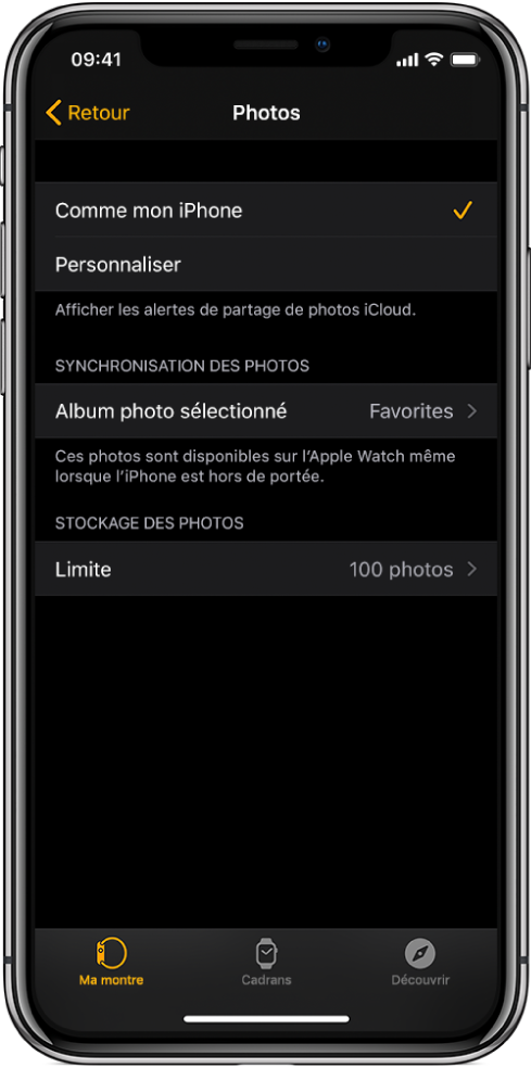 Réglages Photos dans l’app Apple Watch sur l’iPhone, avec le réglage « Synchronisation des photos » au milieu et le réglage « Limite de photos » en dessous.