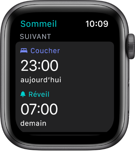 Écran Sommeil montrant le programme de sommeil de la soirée. En haut, l’heure du coucher est définie sur 23 h 00. Un réveil à 7 h 00 apparaît en dessous.