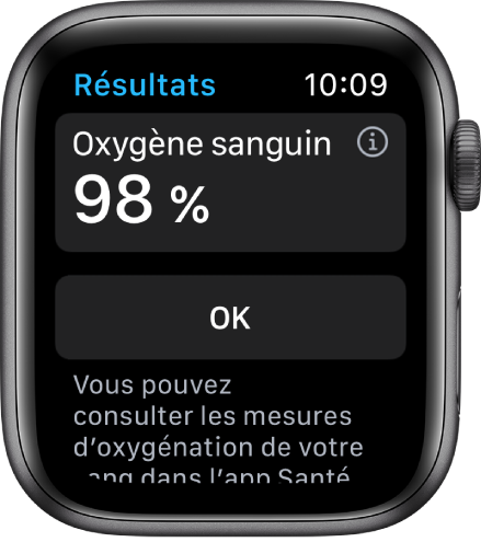 L’écran des résultats « Oxygène sanguin » affichant un niveau de saturation dans le sang de 98 %. Un bouton OK se trouve en bas.