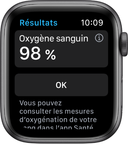 L’écran de résultats d’Oxygène sanguin affichant une saturation du sang en oxygène de 98 %. Un bouton OK se trouve en dessous.