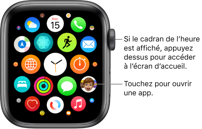 Écran d’accueil en présentation en grille sur l’Apple Watch, avec les apps disposées en grappe. Touchez une app pour l’ouvrir. Faites glisser pour afficher plus d’apps.