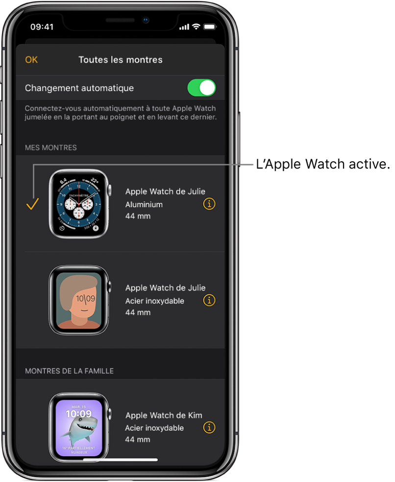 Sur l’écran « Toutes les montres » de l’app Apple Watch, une coche indique l’Apple Watch active.