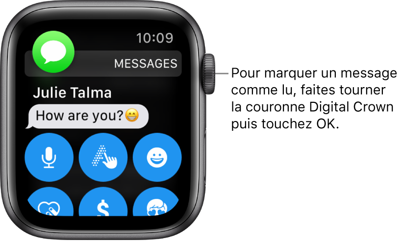 Notification de message, avec l’icône Messages en haut à gauche et le message en dessous.