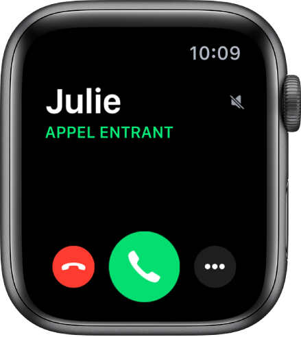 L’écran de l’Apple Watch lorsque vous recevez un appel : le nom de l’appelant, les mots « Appel entrant », le bouton rouge Refuser, le bouton vert Répondre et le bouton « Plus d’options ».