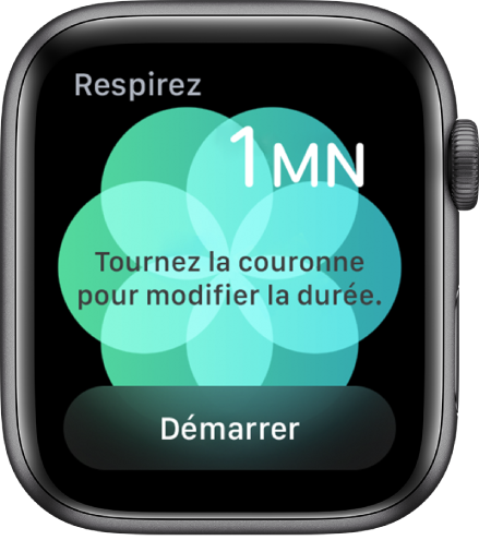 Écran de l’app Respirer montrant une durée d’une minute en haut à droite. Le bouton Démarrer est en bas.