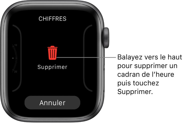 Écran de l’Apple Watch montrant les boutons Supprimer et Annuler, qui apparaissent lorsque vous atteignez un cadran puis le balayez vers le haut pour le supprimer.