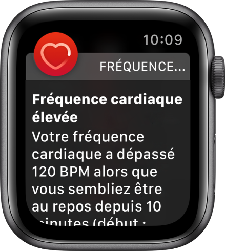 L’écran « Fréquence cardiaque élevée » affichant une notification mentionnant que votre fréquence cardiaque a dépassé 120 bpm pendant une période d’inactivité de 10 minutes.