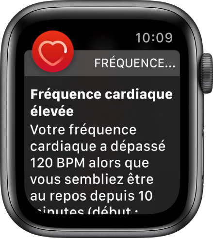 Une alerte Fréquence cardiaque, indiquant une fréquence cardiaque élevée.