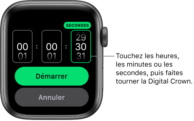 Réglages de création d’un minuteur personnalisé, avec les heures à gauche, les minutes au centre et les secondes à droite. Les boutons Démarrer et Annuler se trouvent en dessous.