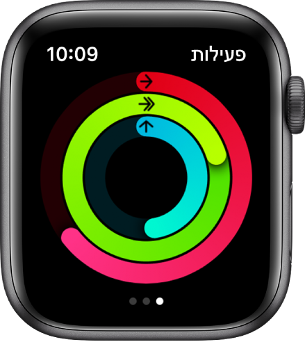 המסך ״פעילות״ מציג שלוש טבעות – ״תנועה״, ״התעמלות״ ו״עמידה״.