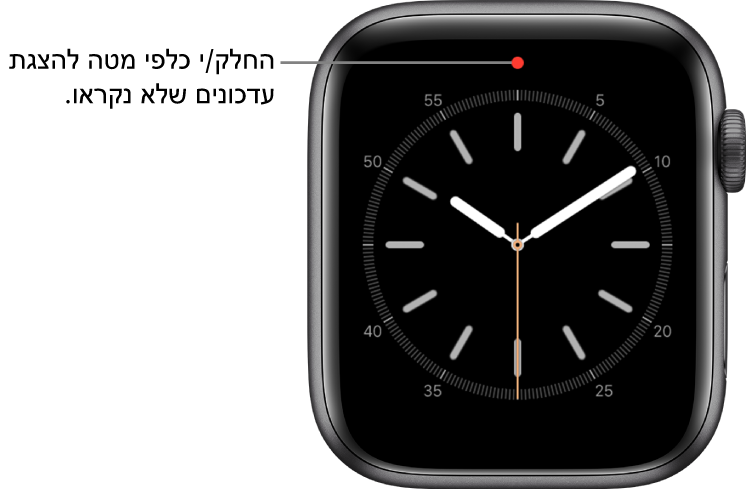 כאשר ישנו עדכון שלא נקרא, מוצגת נקודה אדומה בחלק המרכזי העליון של עיצוב השעון.