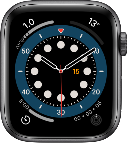 עיצוב השעון ״ספירה״. הוא כולל ארבע תצוגות: ״אינדקס קרינה״ משמאל למעלה, ״טמפרטורה״ מימין למעלה, ״ספירה לאחור״ משמאל למטה ו״פעילות״ מימין למטה.