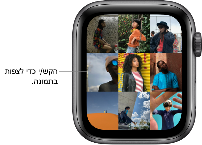 המסך הראשי של היישום ״תמונות״ ב‑Apple Watch, עם מספר תמונות המוצגות ברשת.
