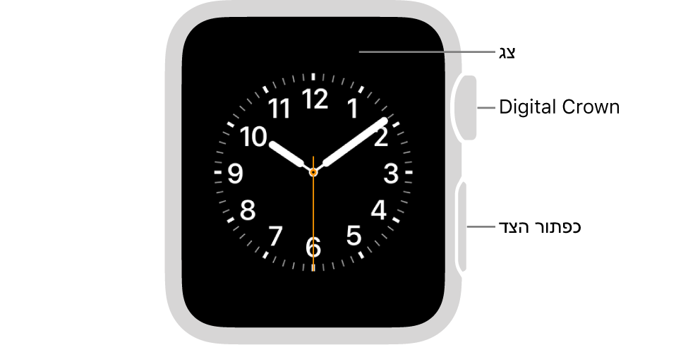 החלק הקדמי של דגם Apple Watch Series 3, כשעל הצג נראה עיצוב השעון, וה-Digital Crown וכפתור הצד בצדו של השעון.