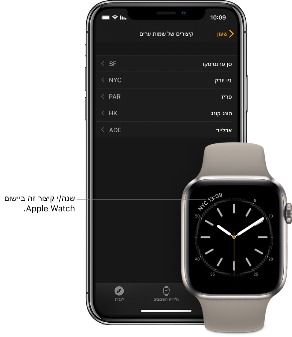 iPhone ו‑Apple Watch, זה לצד זה. מסך של Apple Watch עם תצוגת השעה בעיר ניו יורק, שמופיעה תחת הקיצור NYC. מסך ה‑iPhone מציג את רשימת הערים בהגדרות ״קיצורי ערים״ בהגדרות ״שעון״ ביישום Apple Watch.