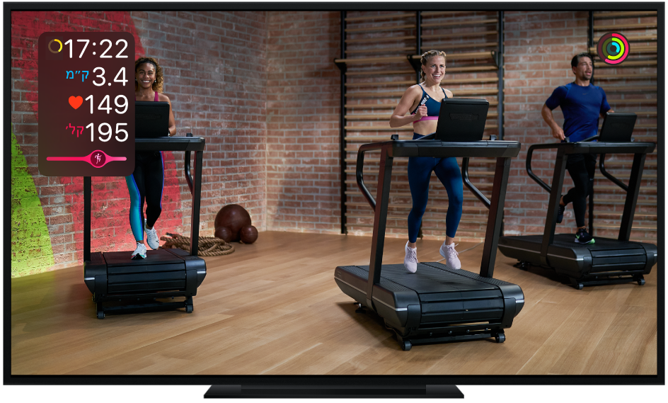 טלוויזיה המציגה אימון הליכון של Apple Fitness+‎ עם מדדים על המסך המציגים כמה זמן נותר, מרחק, קצב לב וקלוריות שנשרפו, כולל Burn Bar.