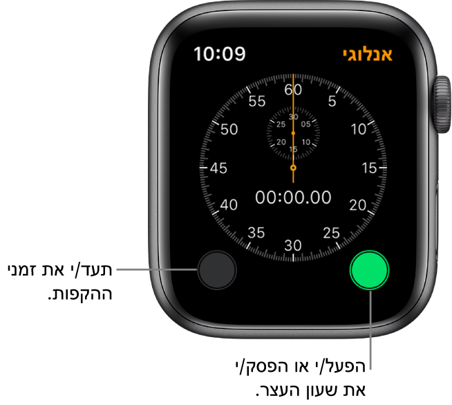 מסך שעון העצר האנלוגי. הקש/י על הכפתור הימני כדי להפעיל ולעצור אותו, ועל הכפתור השמאלי כדי למדוד זמני הקפות.