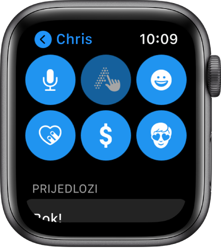 Zaslon aplikacije Poruke s prikazom tipke Apple Pay zajedno s tipkama Diktat, Žvrljanje, Emoji, Digital Touch i Memoji.