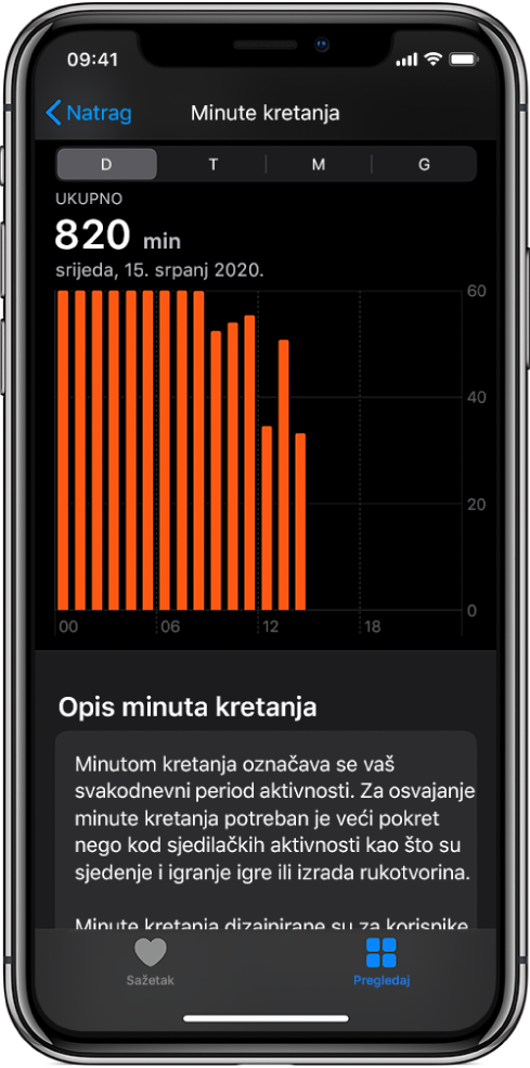 iPhone s prikazom izvješća Minute kretanja Kartice Sažetak i Pretraživanje nalaze se pri dnu i odabrana je kartica Pretraživanje.