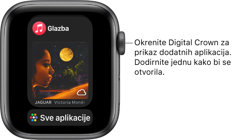Dock s prikazom aplikacije Glazba, a ispod nje se nalazi tipka Sve aplikacije. Okrenite Digital Crown za prikaz više aplikacija. Dodirnite jednu za otvaranje.
