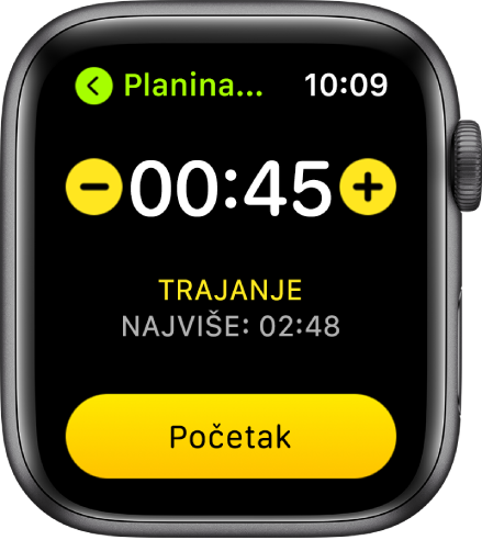 Zaslon s ciljem prikazuje vrijeme pri vrhu zaslona, s tipkama – i + s obje strane i tipkom Pokreni pri dnu zaslona.