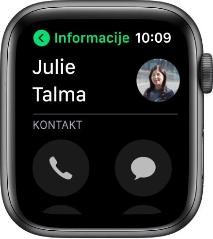 Zaslon Telefona s prikazanim kontaktom i tipkama Poziv i Poruka.