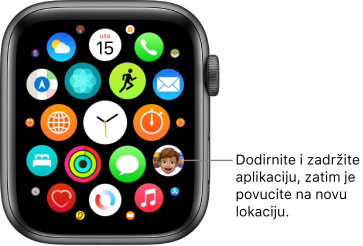 Početni zaslon Apple Watcha u prikazu rešetke.