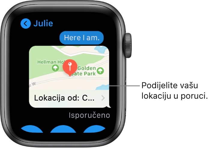 Zaslon Poruka prikazuje kartu s lokacijom pošiljatelja.