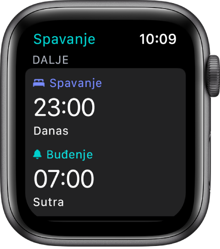 Zaslona aplikacije Spavanje s prikazom večernjeg rasporeda spavanja. Pri vrhu je Vrijeme za spavanje podešeno na 23:00. Ispod se nalazi vrijeme za buđenje u 7:00.