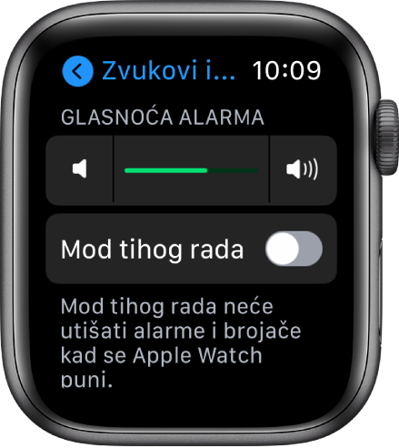 Postavke za opciju Zvukovi i vibracija na Apple Watchu, s kliznikom Glasnoće alarma pri vrhu zaslona i Moda tihog rada ispod kliznika.