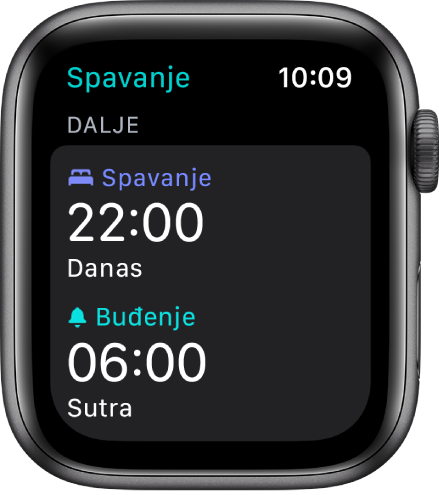 Aplikacija Spavanje na Apple Watchu s prikazom večernjeg rasporeda spavanja. Vrijeme za spavanje podešeno je na 22:00, a za buđenje na 6:00.