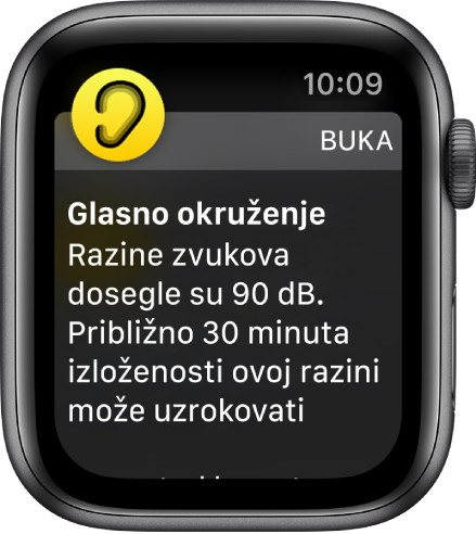 Zaslon Buke s prikazom razine decibela od 90 dB. Ispod se prikazuje upozorenje s oprezom s dugoročnim izlaganjem zvukovima na ovoj razini.